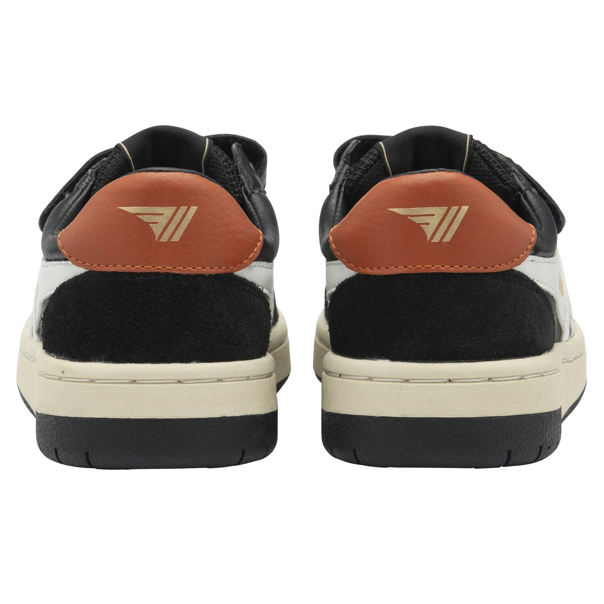 Rear view of two black Gola trainers with tan heel tabs.