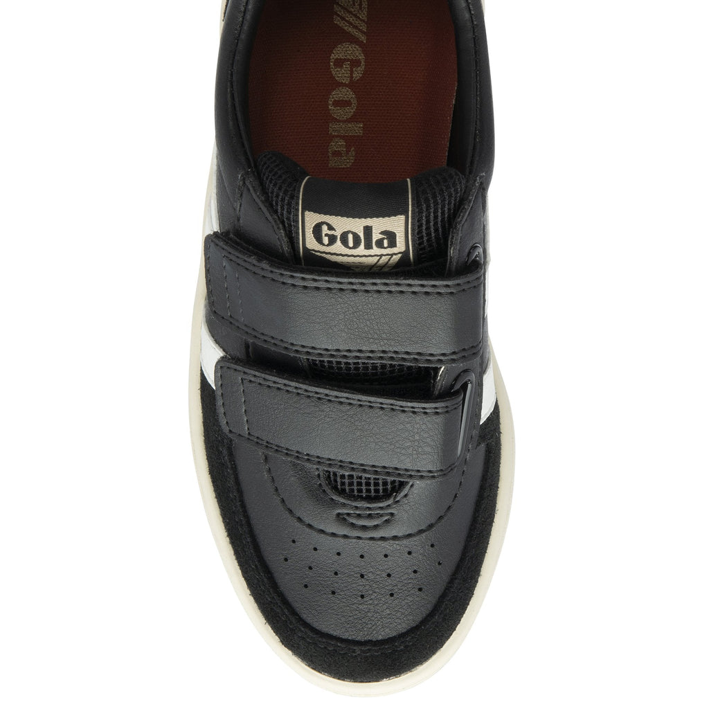 Top-down view of a black Gola trainer with two hook-and-loop straps.