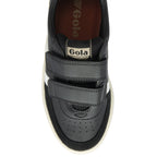 Top-down view of a black Gola trainer with two hook-and-loop straps.