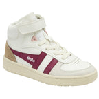 Side view of a white Gola high-top sneaker with burgundy stripes. 