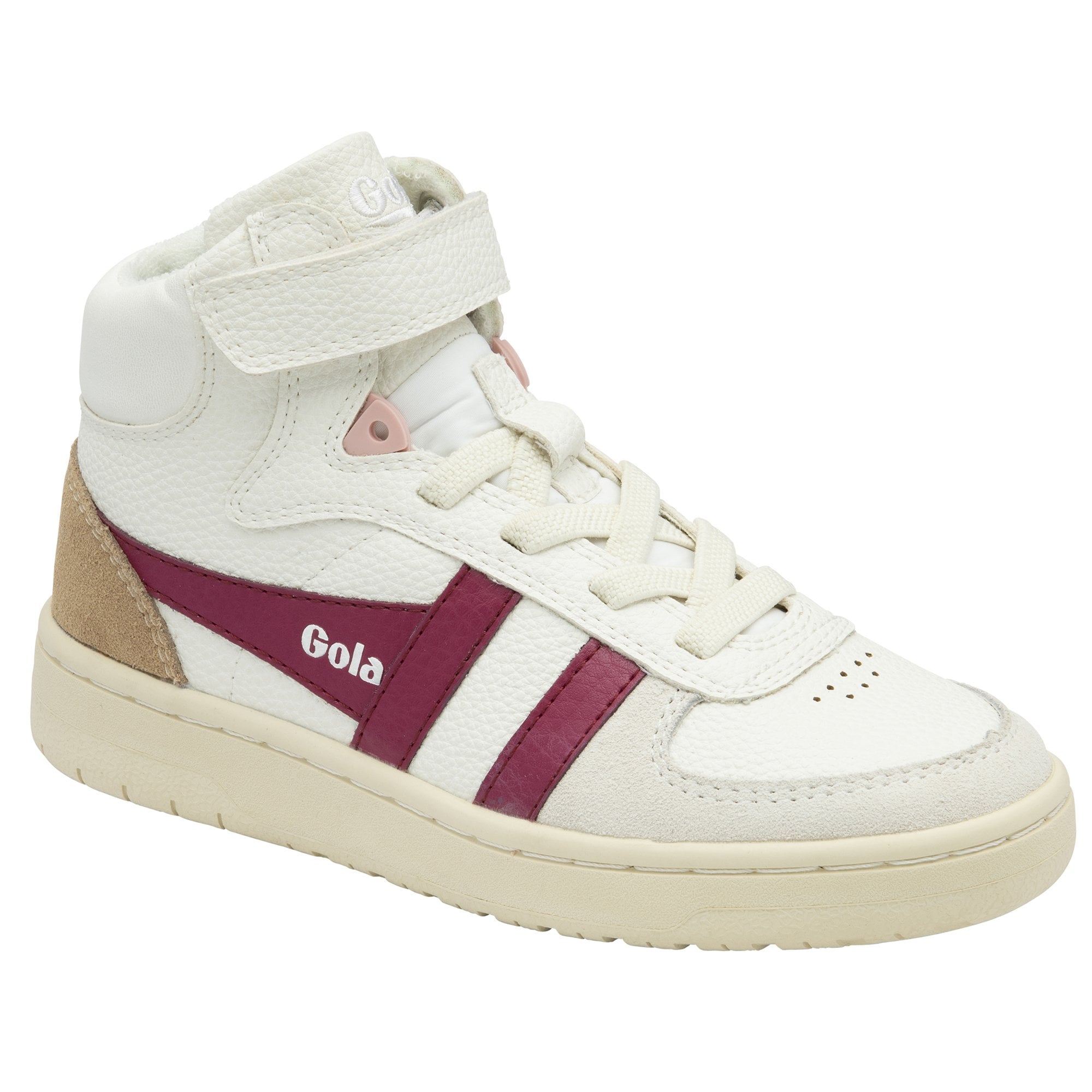 Side view of a white Gola high-top sneaker with burgundy stripes. 
