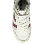 Top-down view of a white Gola high-top sneaker with burgundy stripes. 