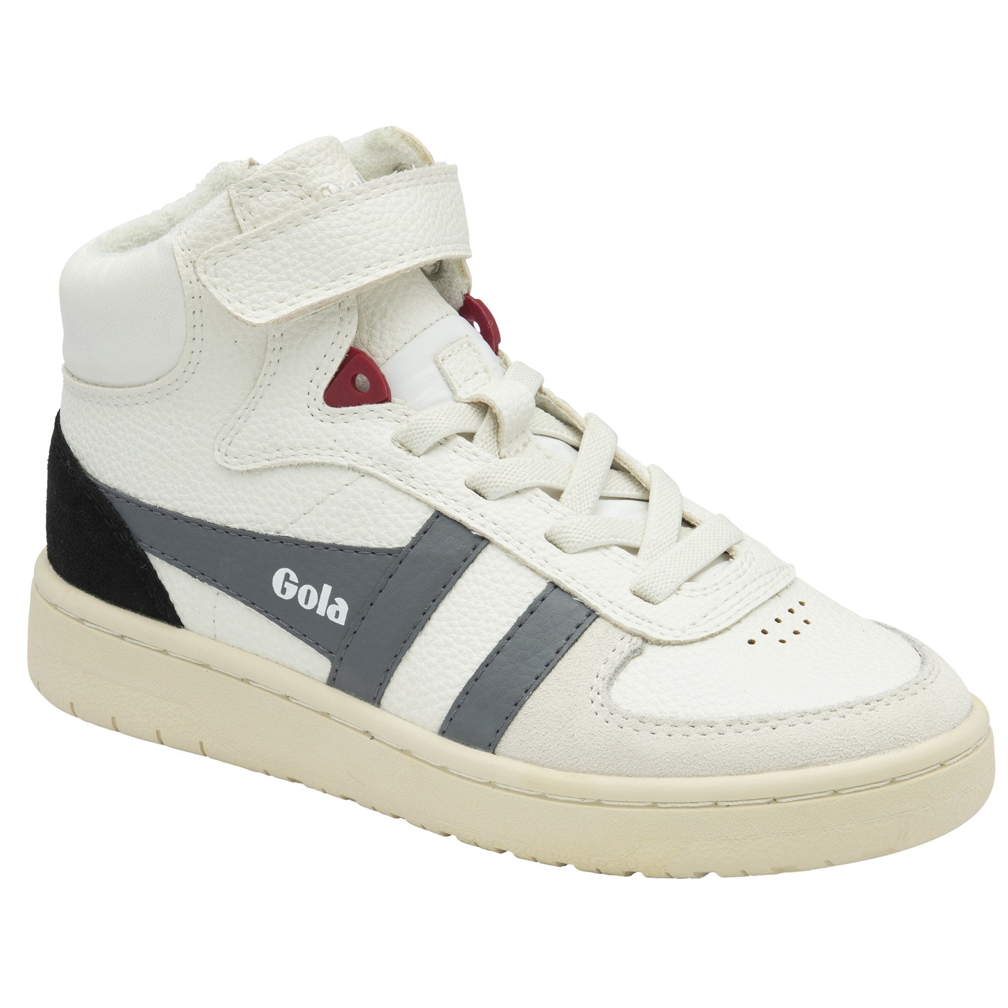 A recycled Gola Kids Baseline Mark Cox Velcro trainer in white, grey, and black.
