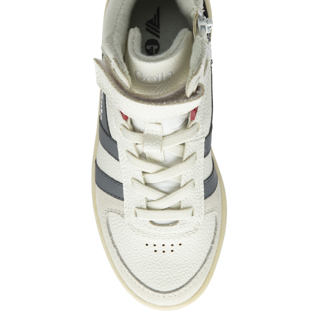 Top-down view of a white and grey Gola Kids Baseline Mark Cox Velcro trainer.