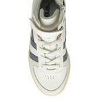Top-down view of a white and grey Gola Kids Baseline Mark Cox Velcro trainer.