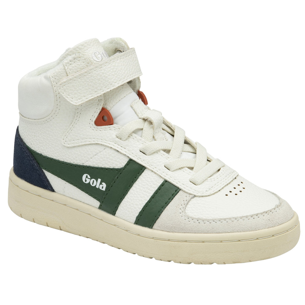 A single Gola Kids' Elan Trainer in off-white, green, and navy on a white background.