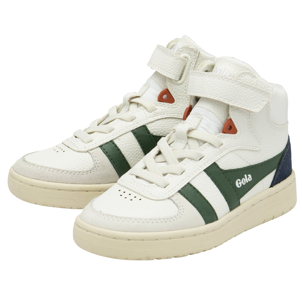 Two Gola Kids' Elan Trainers in off-white, green, and navy on a white background.