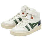 Two Gola Kids' Elan Trainers in off-white, green, and navy on a white background.