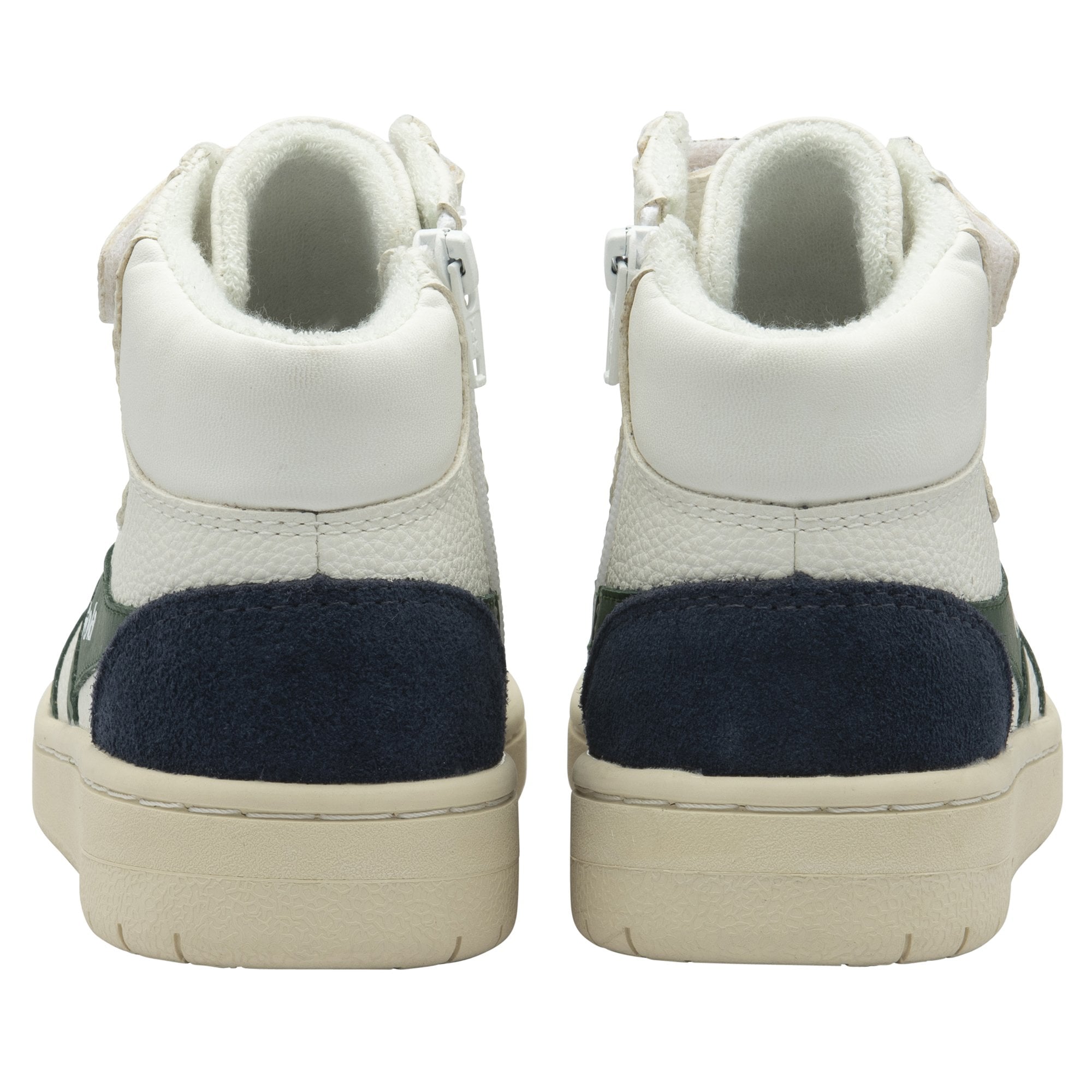 Back view of two Gola Kids' Elan Trainers showing navy heels and zippers.