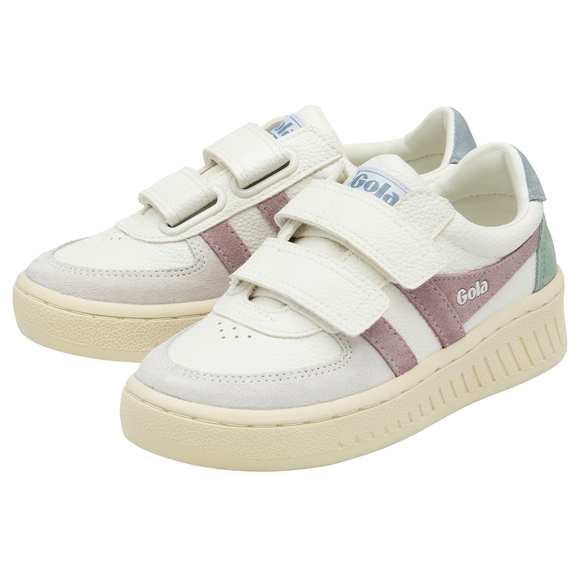 A pair of recycled Gola brand sneakers with two-tone stripes, thick soles, and two velcro straps.
