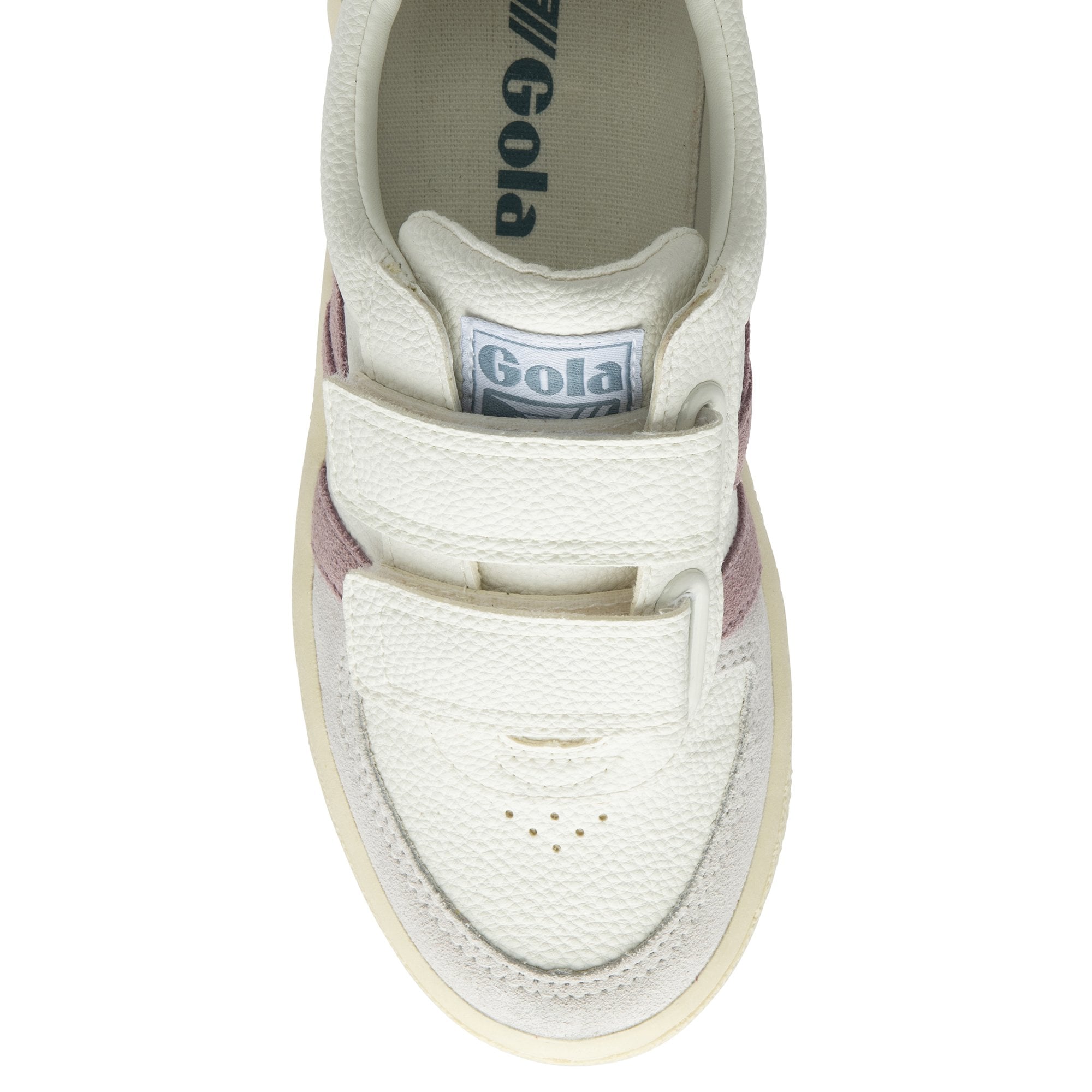 The top of a recycled Gola brand sneaker with two-tone stripes and two velcro straps.