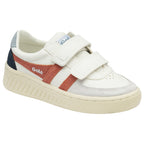 White Gola kids' sneakers with red stripes and navy accents, side view.