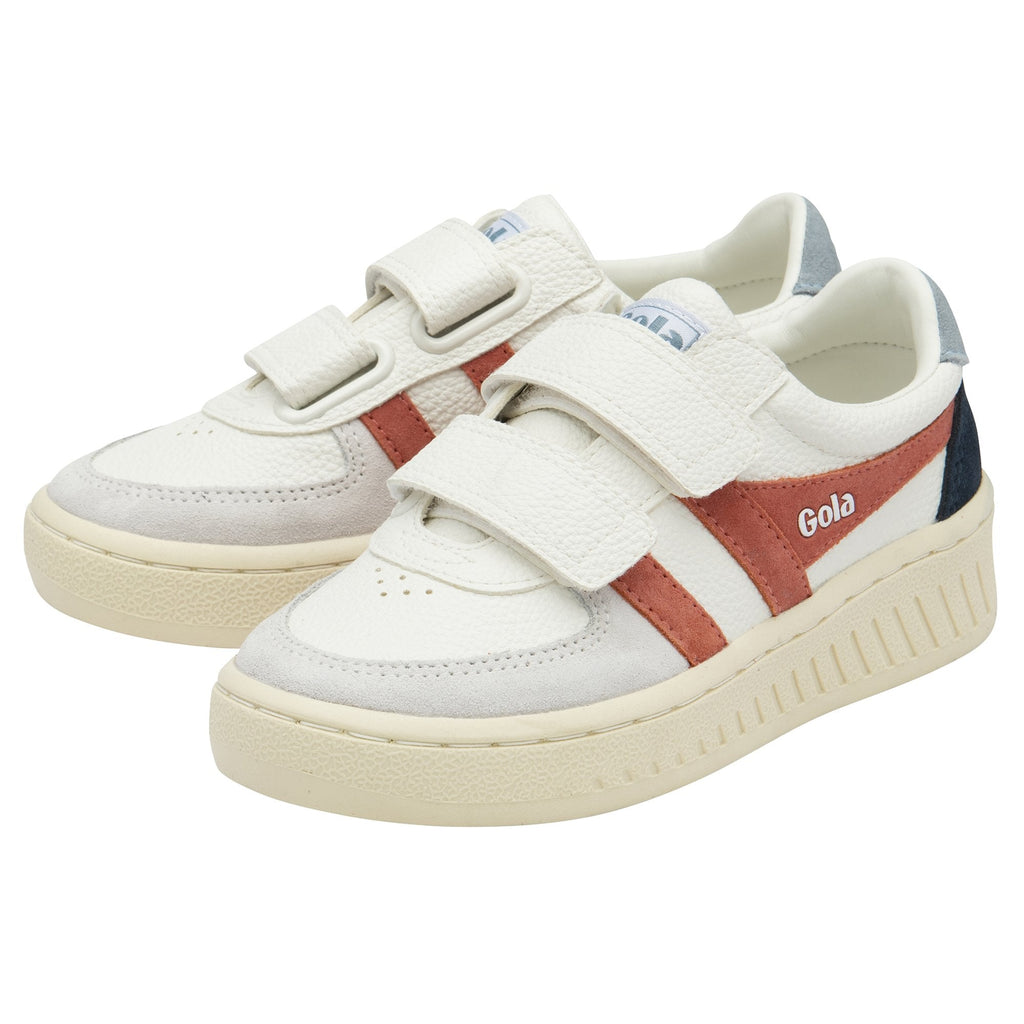 Pair of white Gola kids' sneakers with red stripes and navy accents.