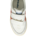Top-down view of a white Gola kids' sneaker with red stripes and hook-and-loop closure.
