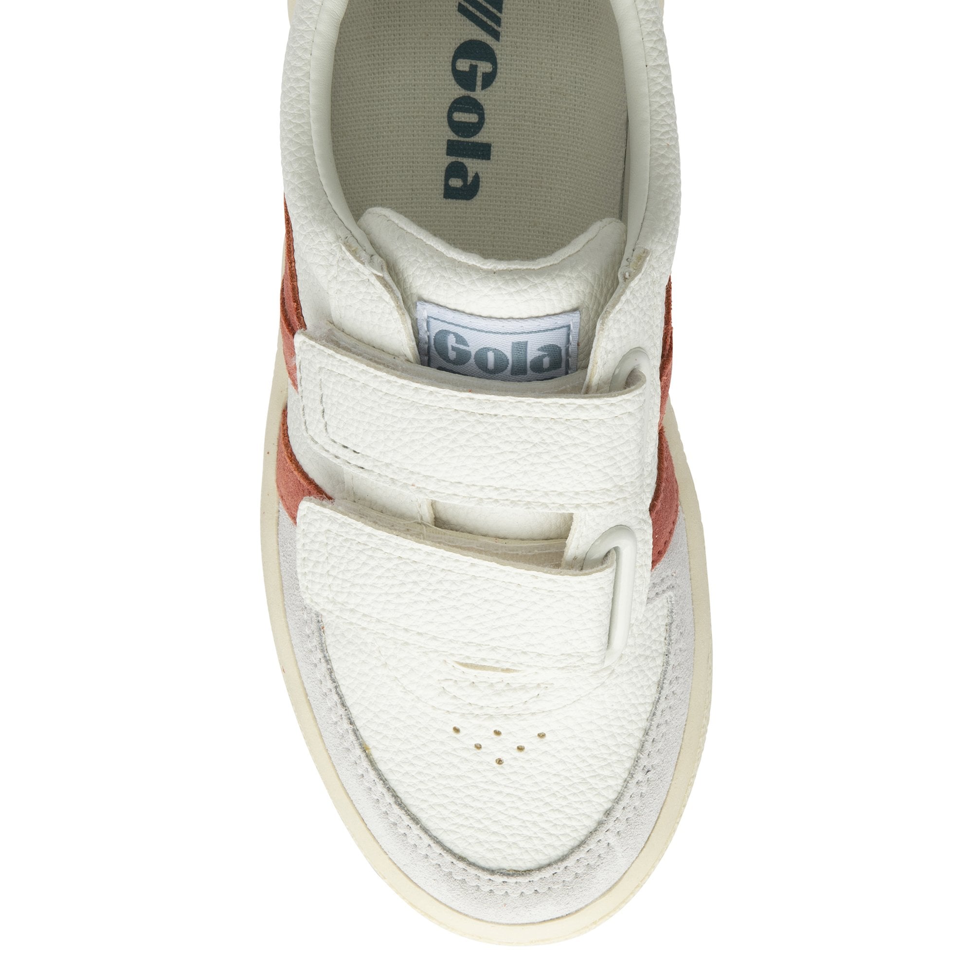 Top-down view of a white Gola kids' sneaker with red stripes and hook-and-loop closure.