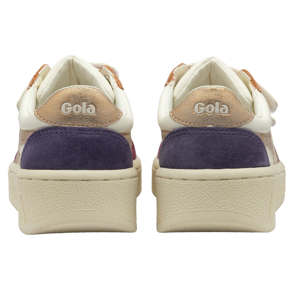 Back view of a pair of Gola sneakers with multiple white, gold, dark blue, and maroon shades.