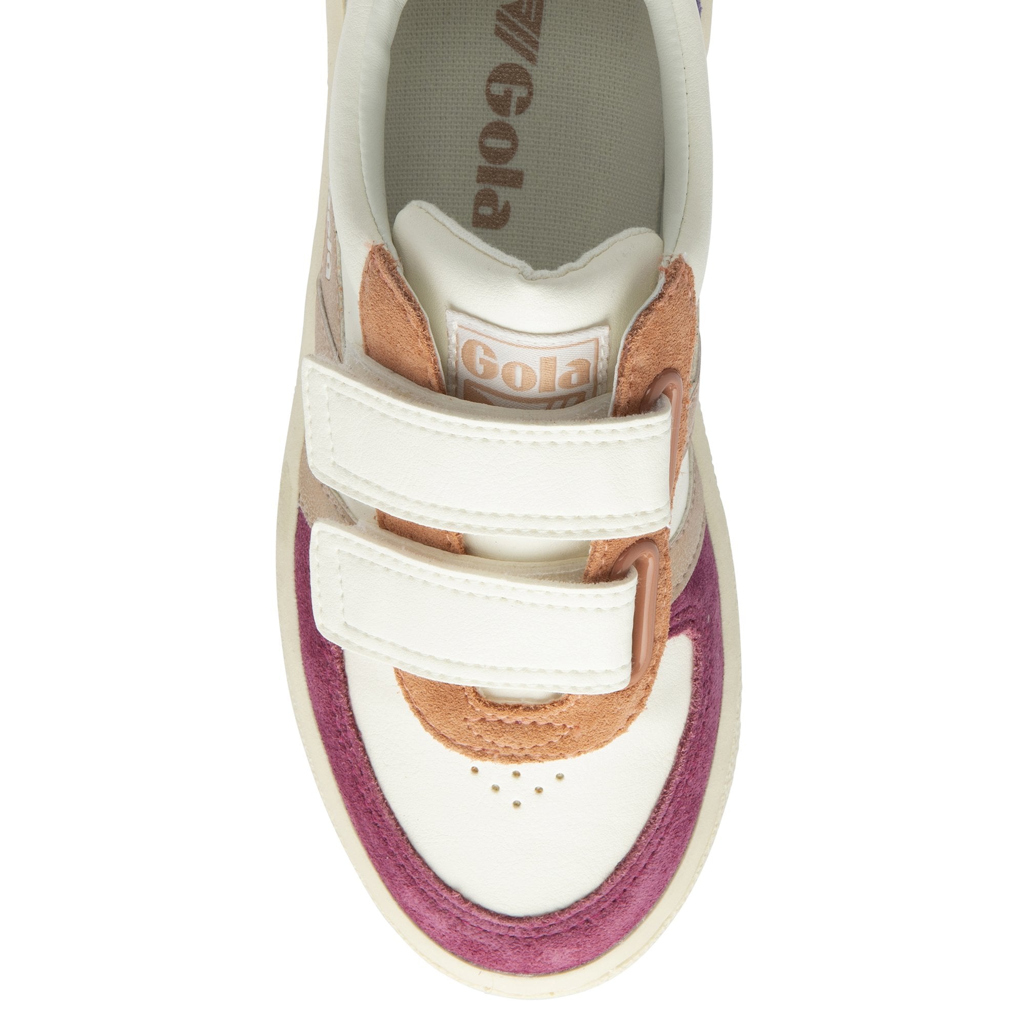 Top view of a Gola sneaker with multiple white, gold, dark blue, and maroon shades.