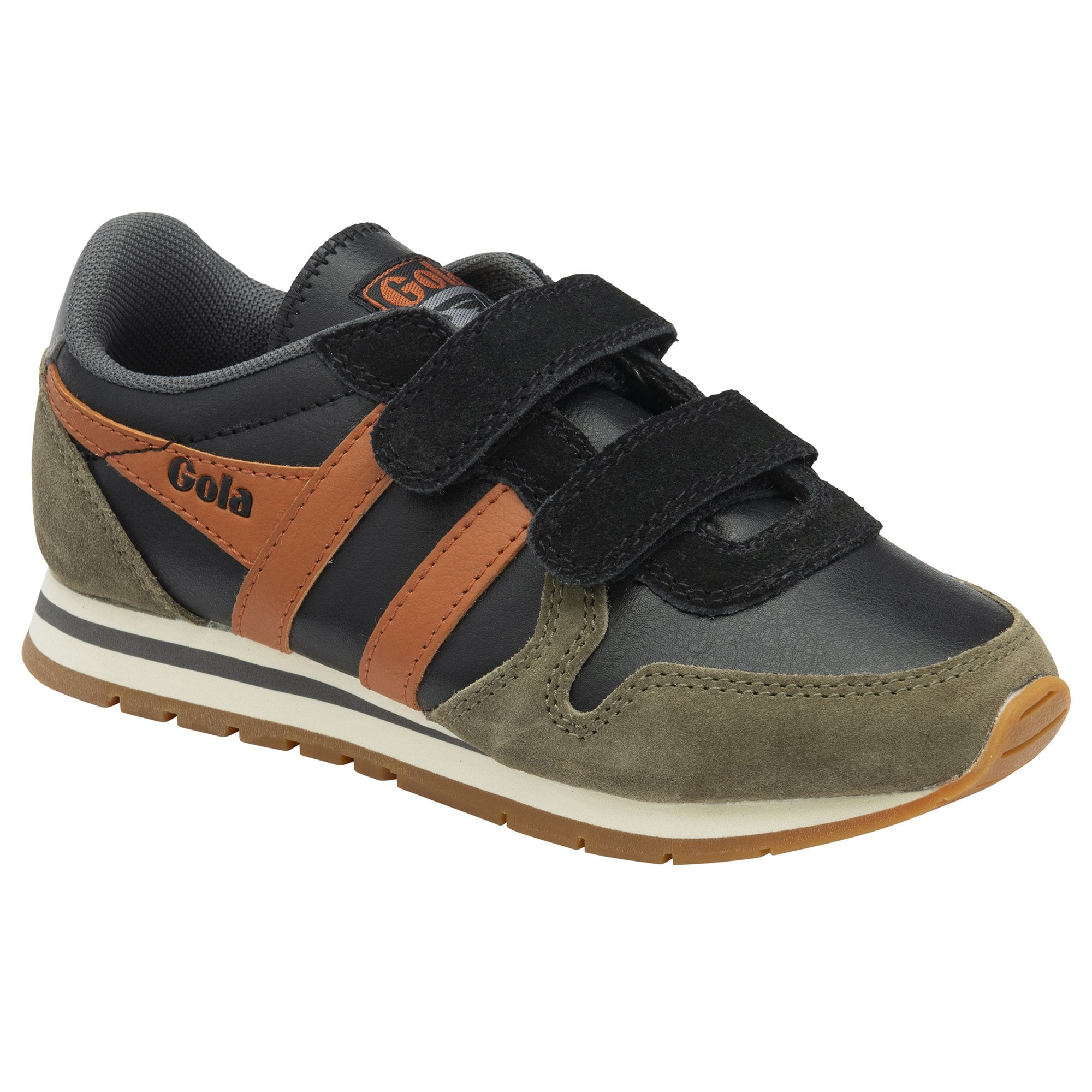 A single brown and black Gola sneaker with three black Velcro straps.