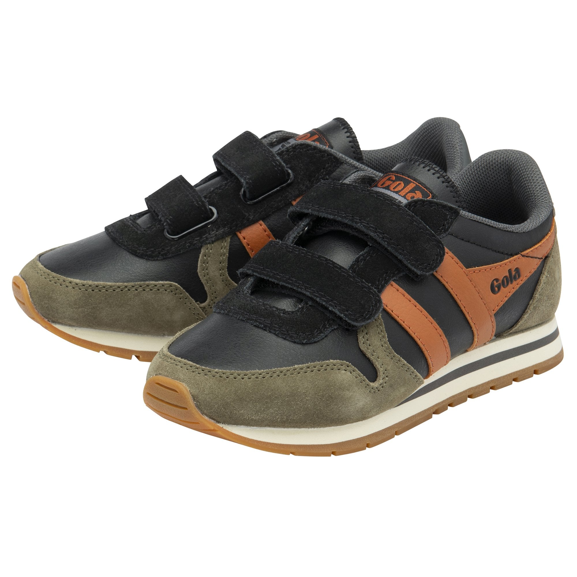 A pair of brown and black Gola sneakers with three black Velcro straps.