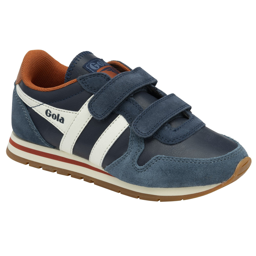 Side profile of a Gola Active kids' trainer in navy, blue, and white.