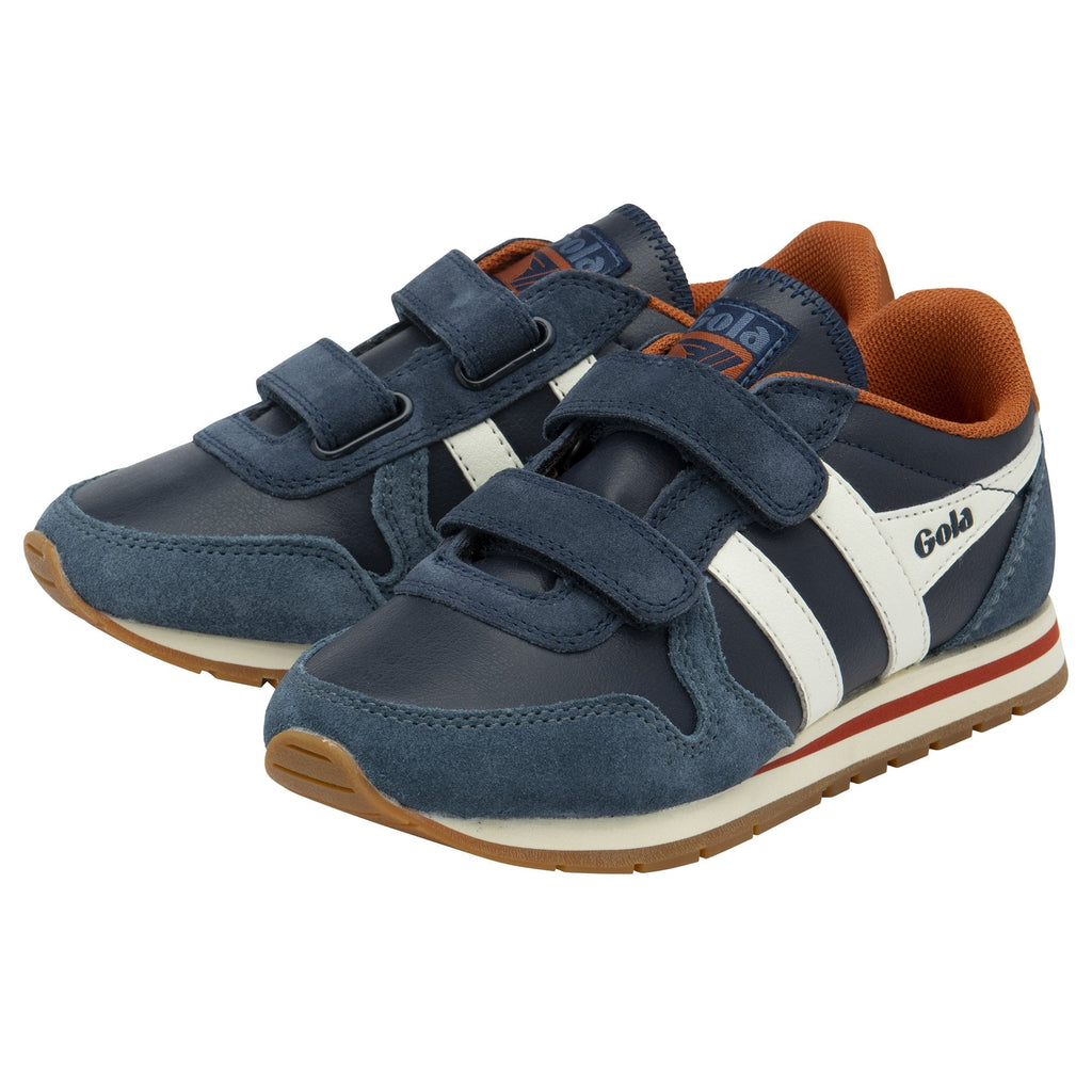 Pair of Gola Active kids' trainers in navy, blue, and white shown from an angle.