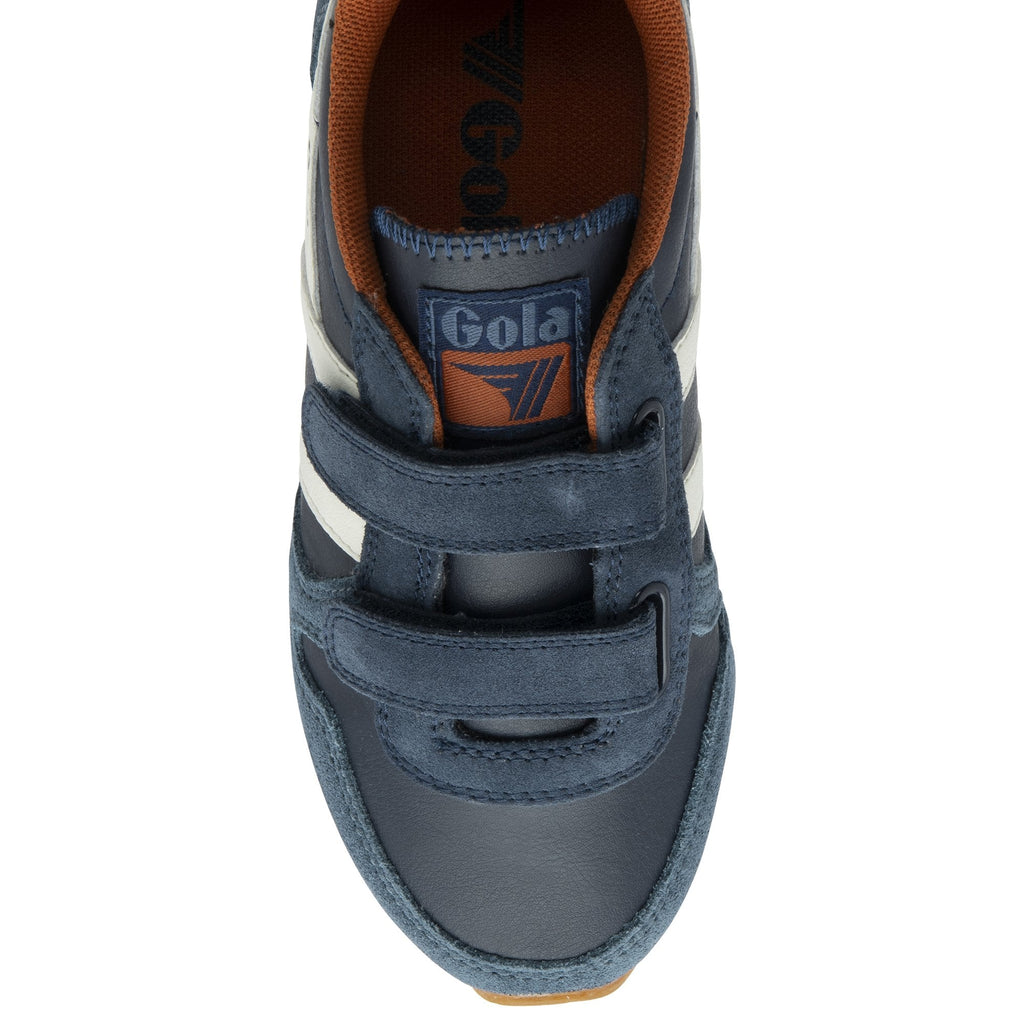 Top-down view of a Gola Active kids' trainer in navy, blue, and white.