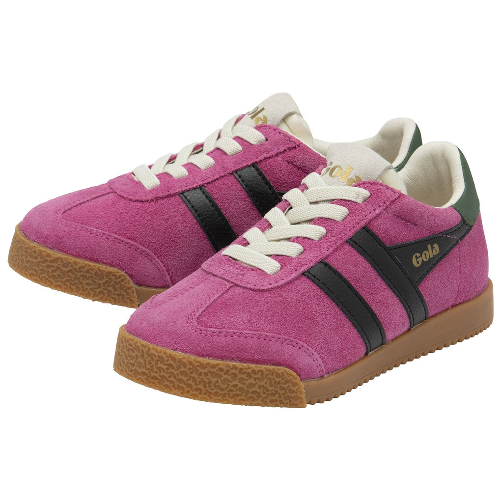 A pair of magenta Gola sneakers with green heel tabs and black stripes on the side.