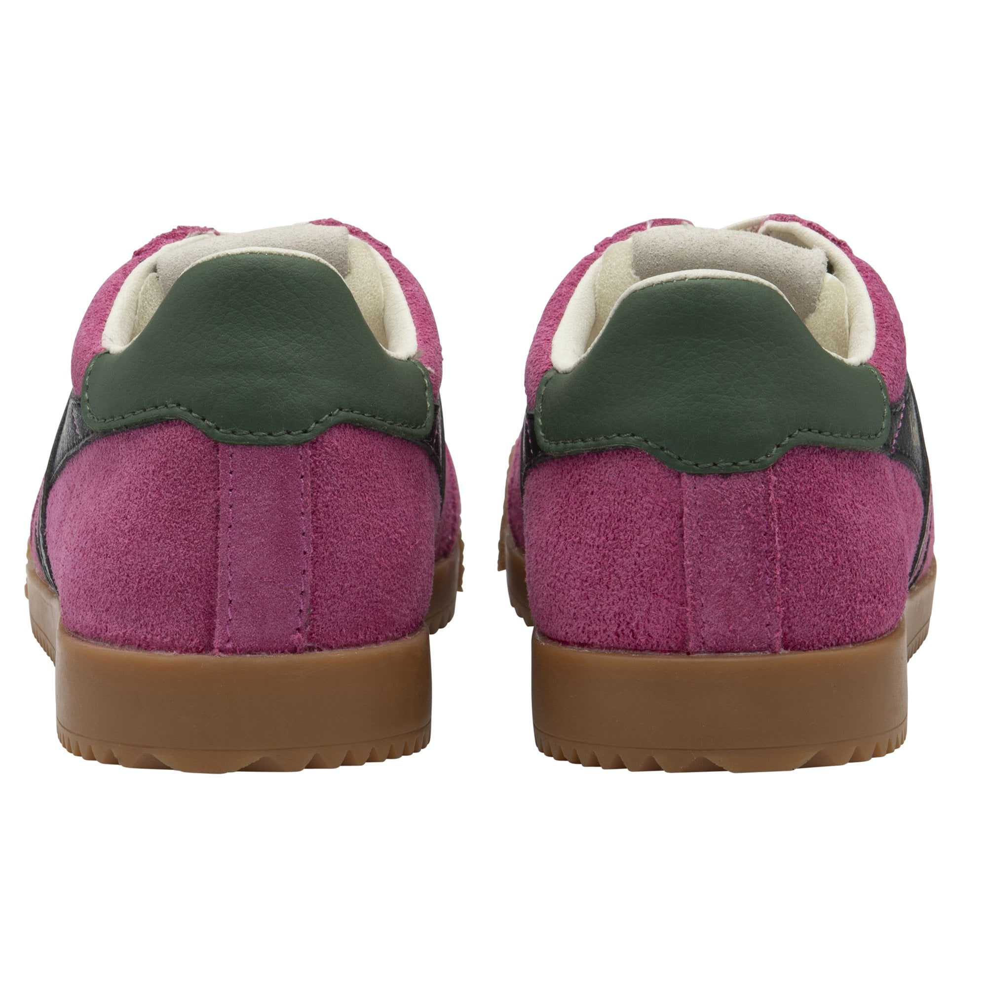 A back view of magenta Gola sneakers with green heel tabs.