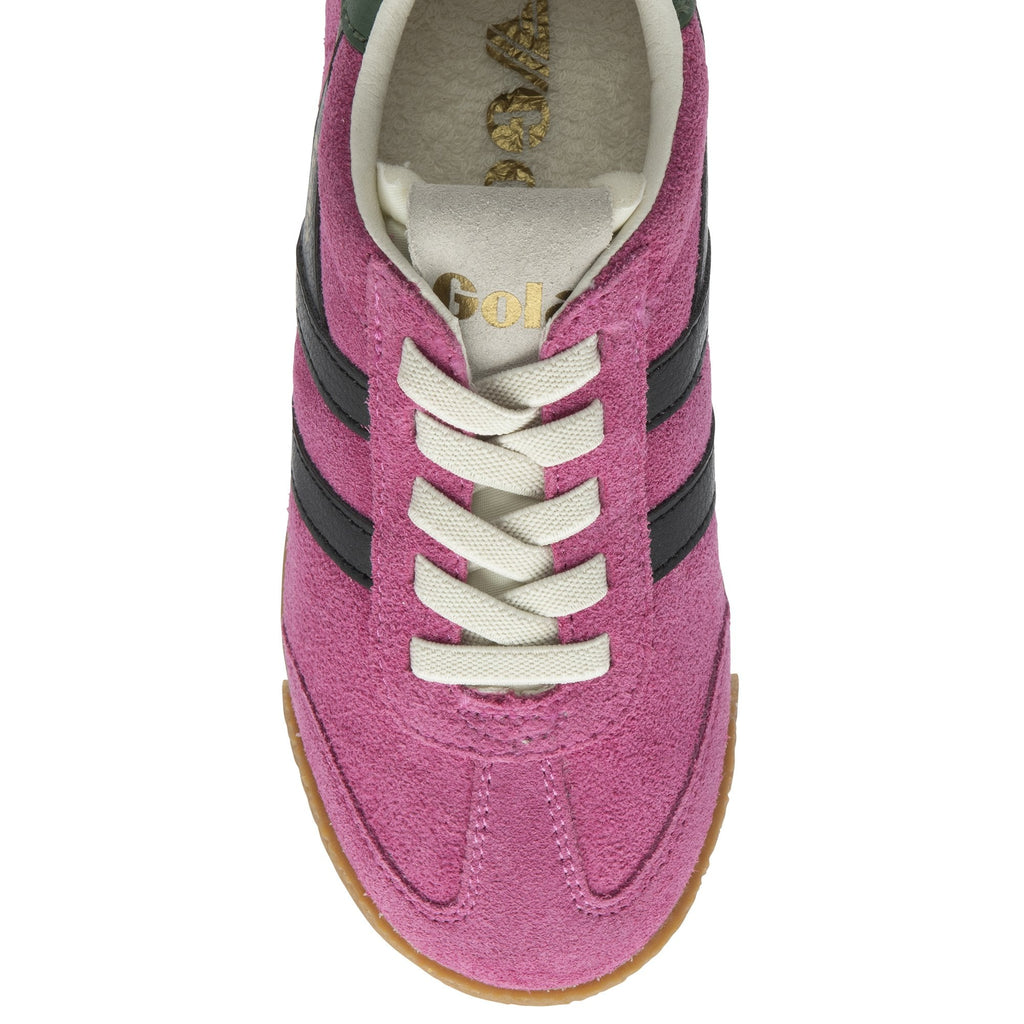 A top-down view of a magenta Gola sneaker with black stripes and white laces.