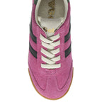 A top-down view of a magenta Gola sneaker with black stripes and white laces.