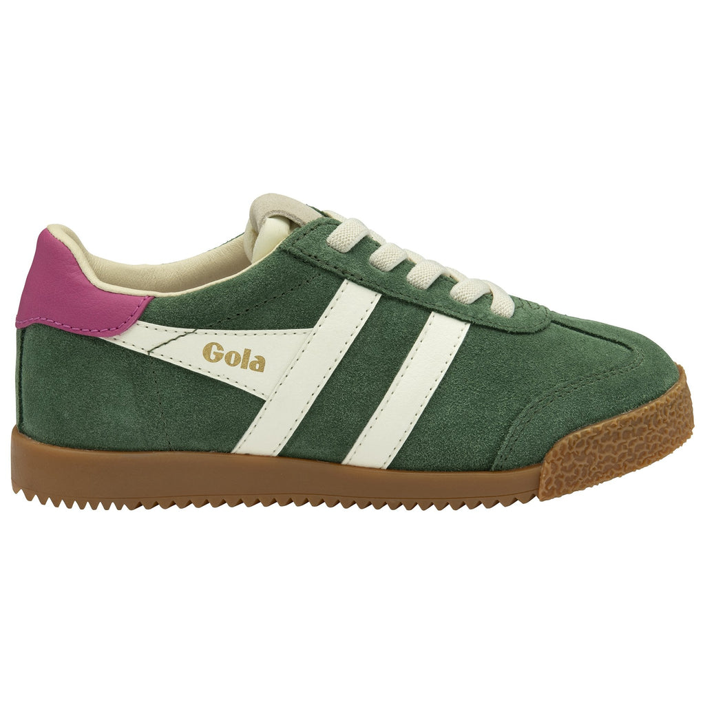 A single Gola women's trainer, green suede with white stripes and a pink heel tab.