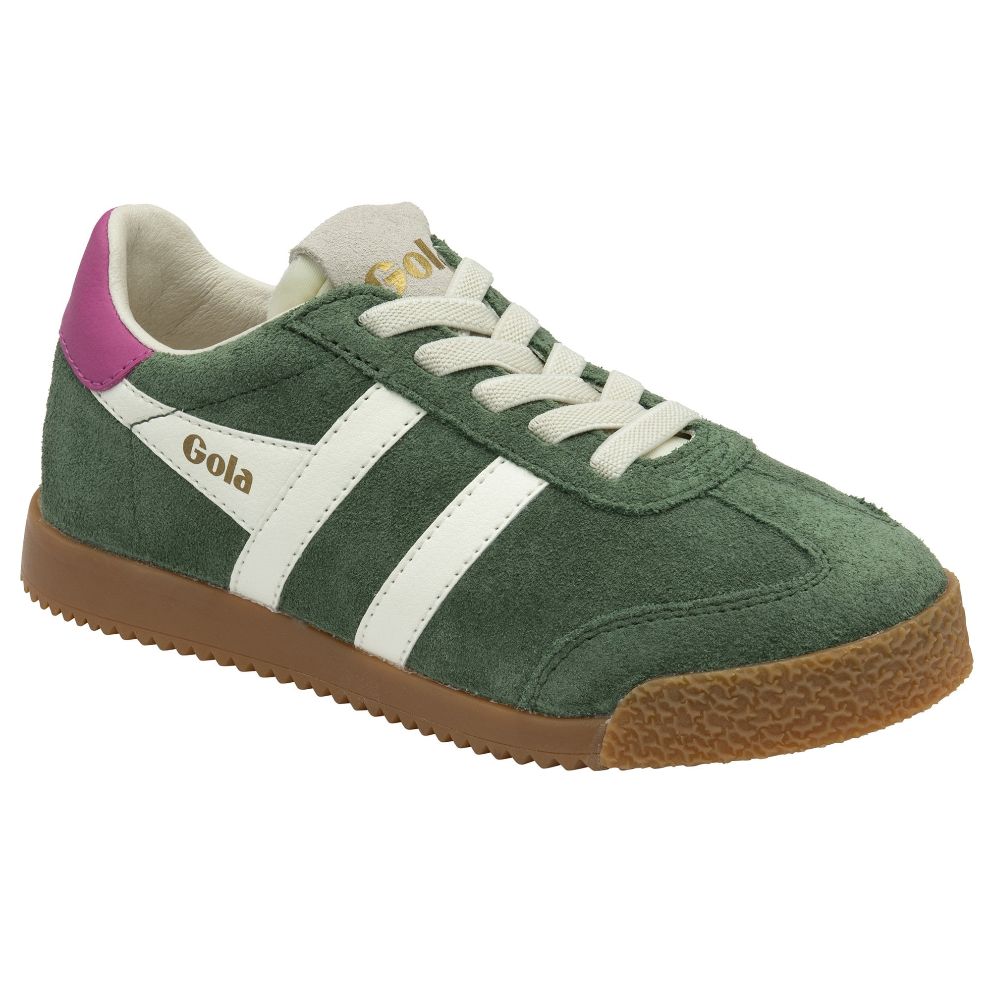 A single Gola women's trainer, green suede with white stripes and a pink heel tab.