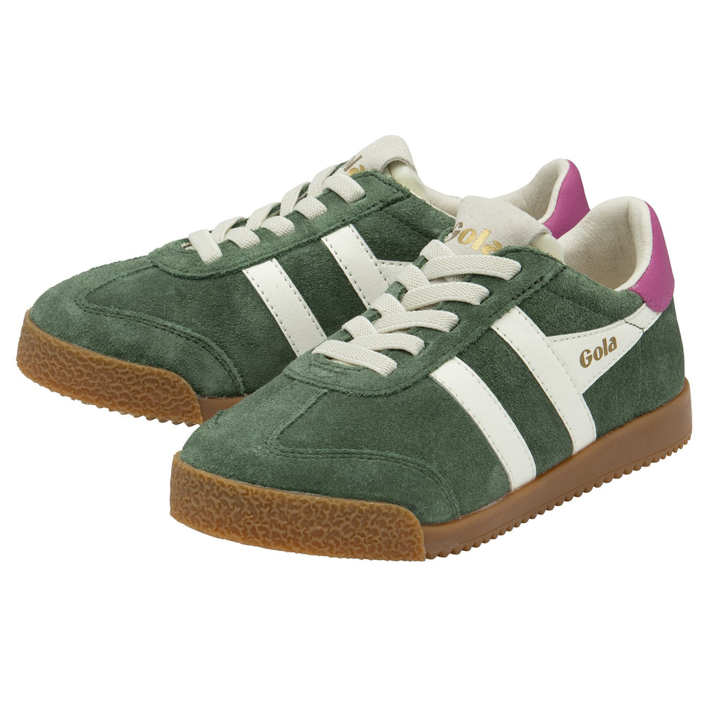 A pair of Gola women's trainers, green suede with white stripes and pink heel tabs.
