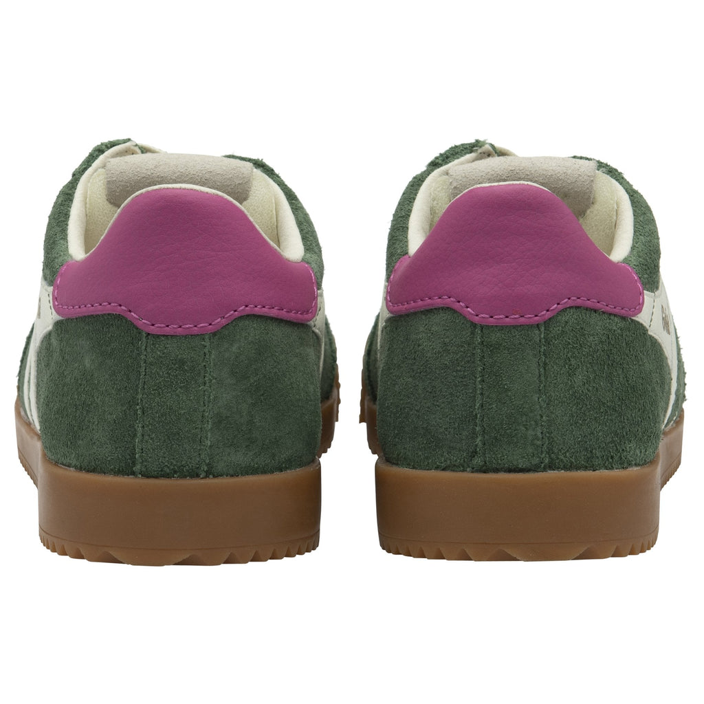 A pair of Gola women's trainers, showing the green suede and pink heel tabs from behind.