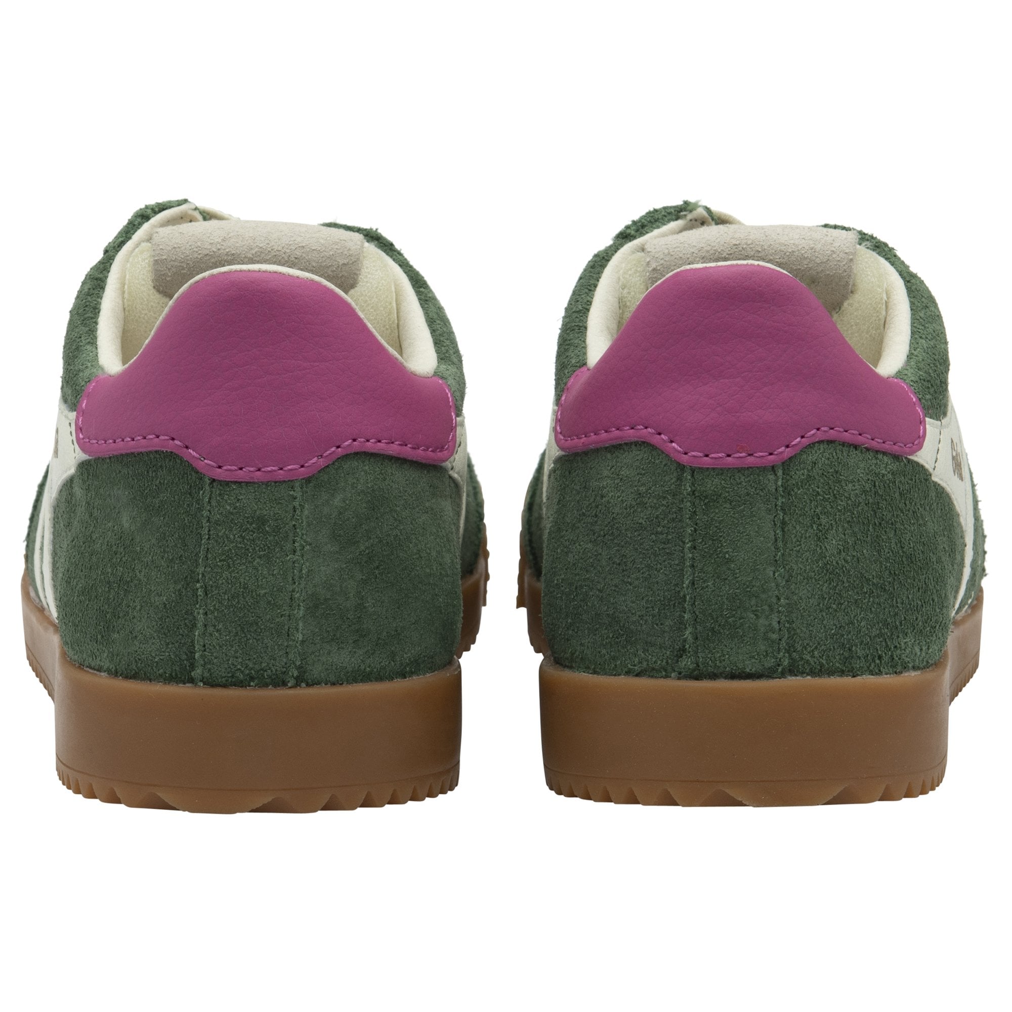 A pair of Gola women's trainers, showing the green suede and pink heel tabs from behind.