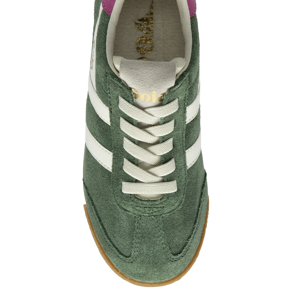 A top-down view of a single Gola women's trainer, green suede with white stripes.