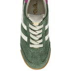 A top-down view of a single Gola women's trainer, green suede with white stripes.