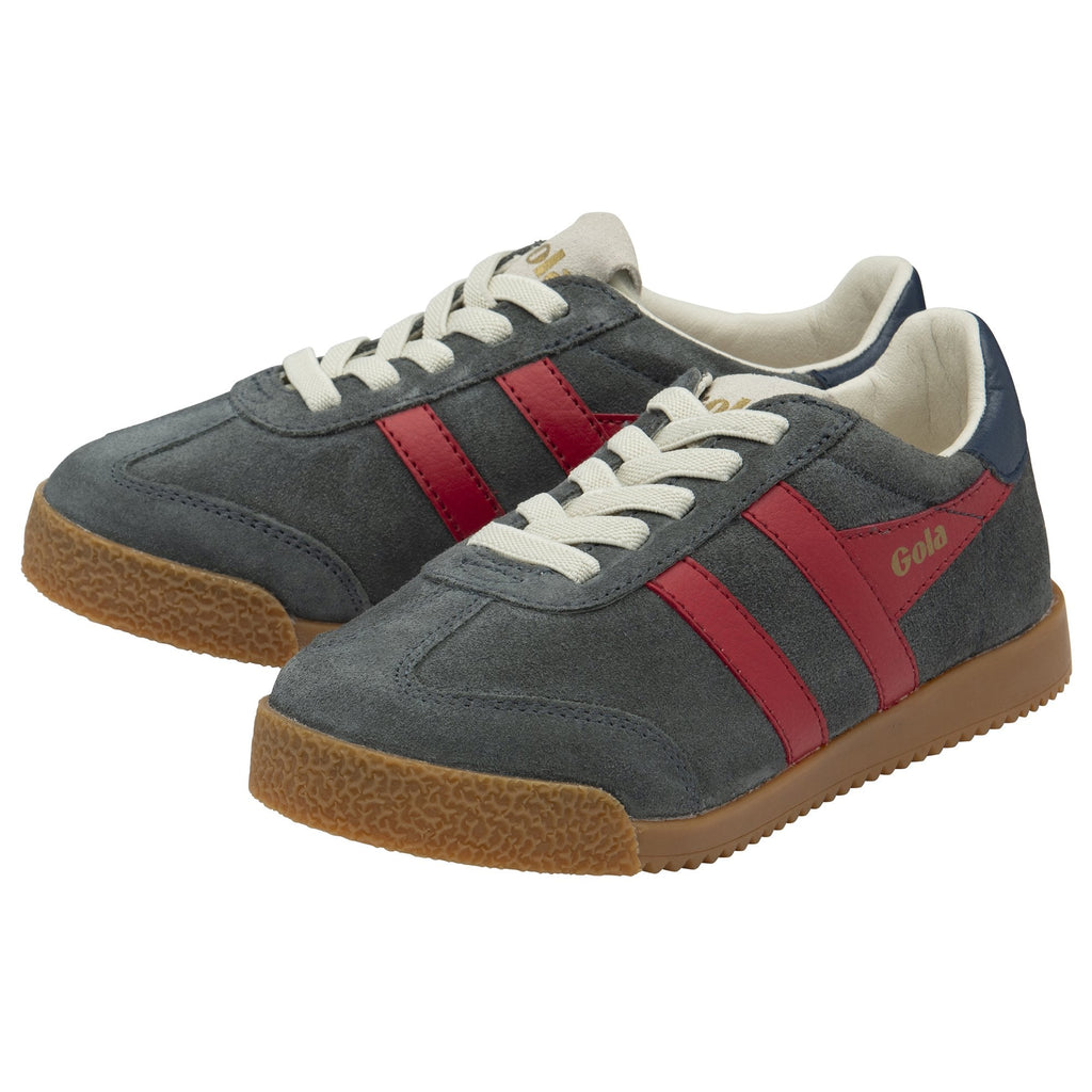 Pair of gray Gola shoes with red stripes and brown soles.