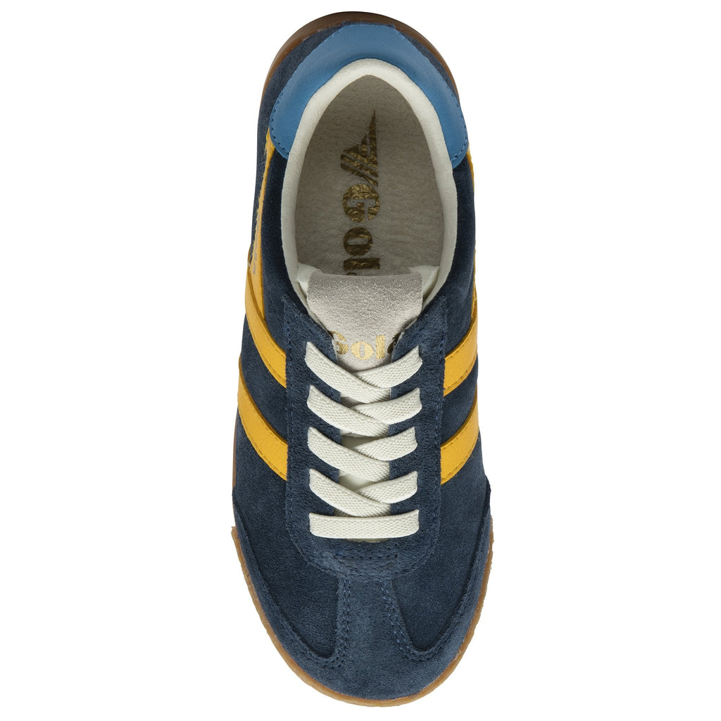 Top down view of a Gola men's trainer in navy and yellow on a white background.