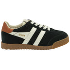 A right black Gola Harrier shoe with white stripes and a brown heel accent.