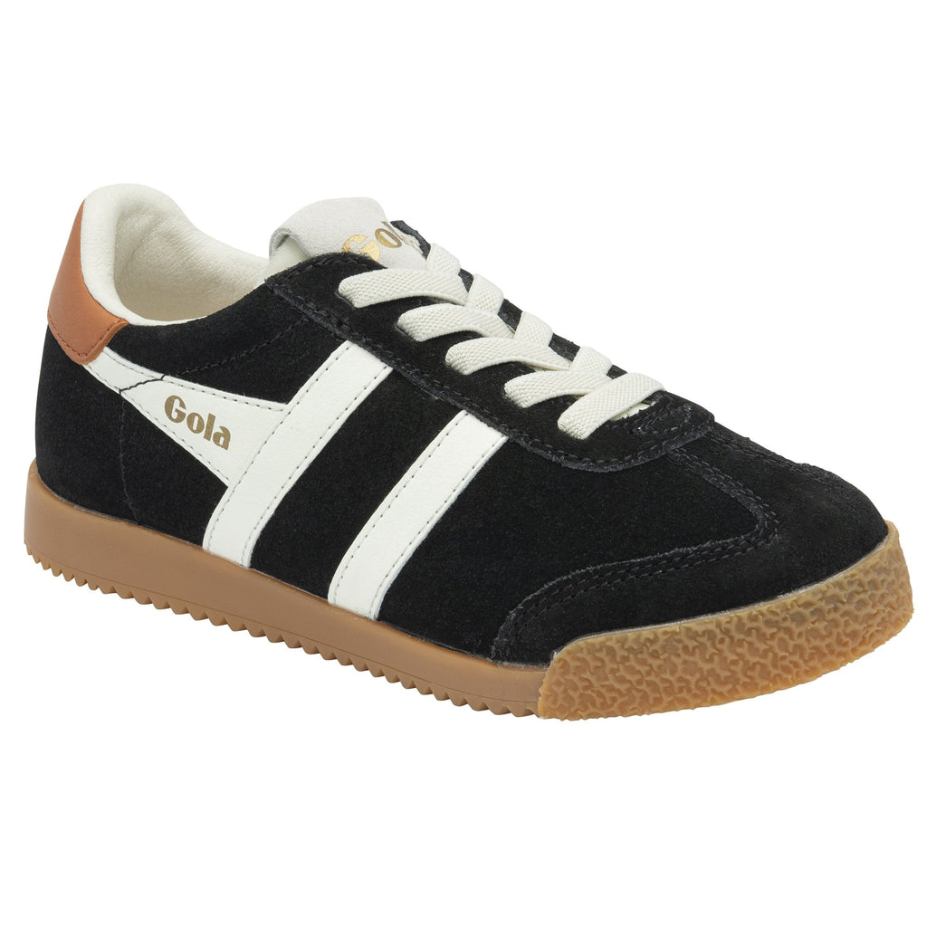A left black Gola Harrier shoe with white stripes and a brown heel accent.