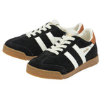 A pair of black Gola Harrier shoes with white stripes and brown heel accents.