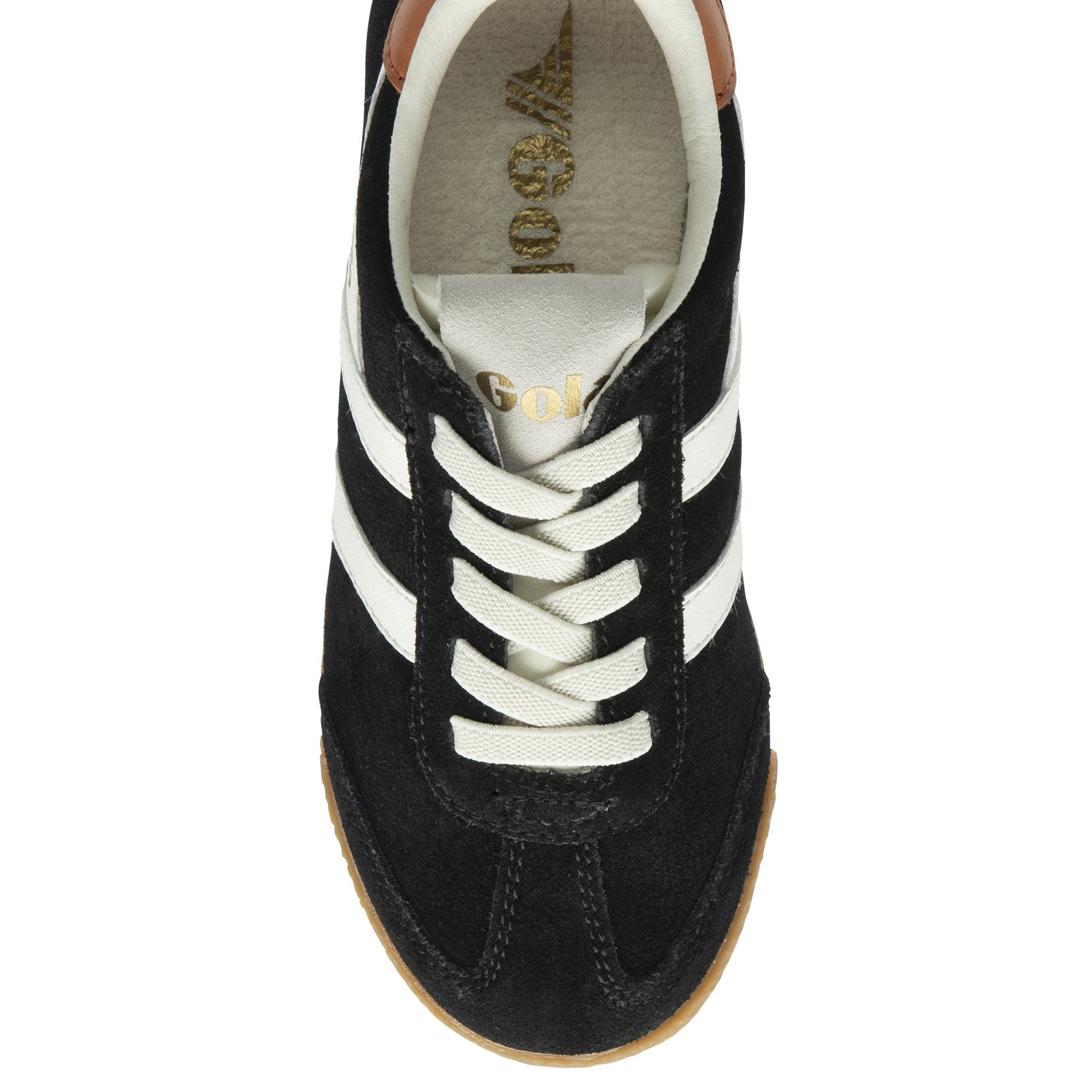A top-down view of a black Gola Harrier shoe with white stripes and white laces.