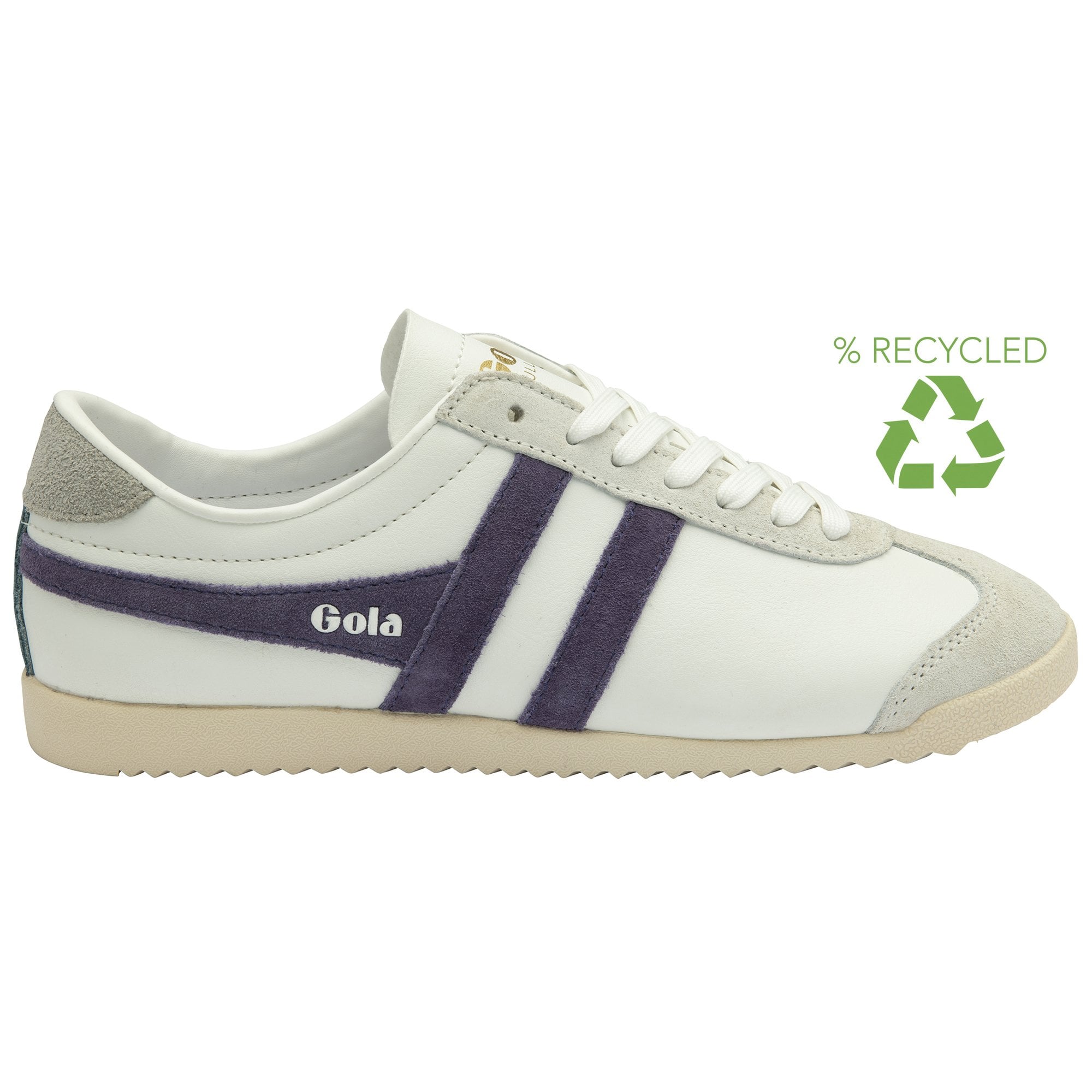 White Gola Bullet trainers with two purple stripes on the side, and an eco-friendly logo.
