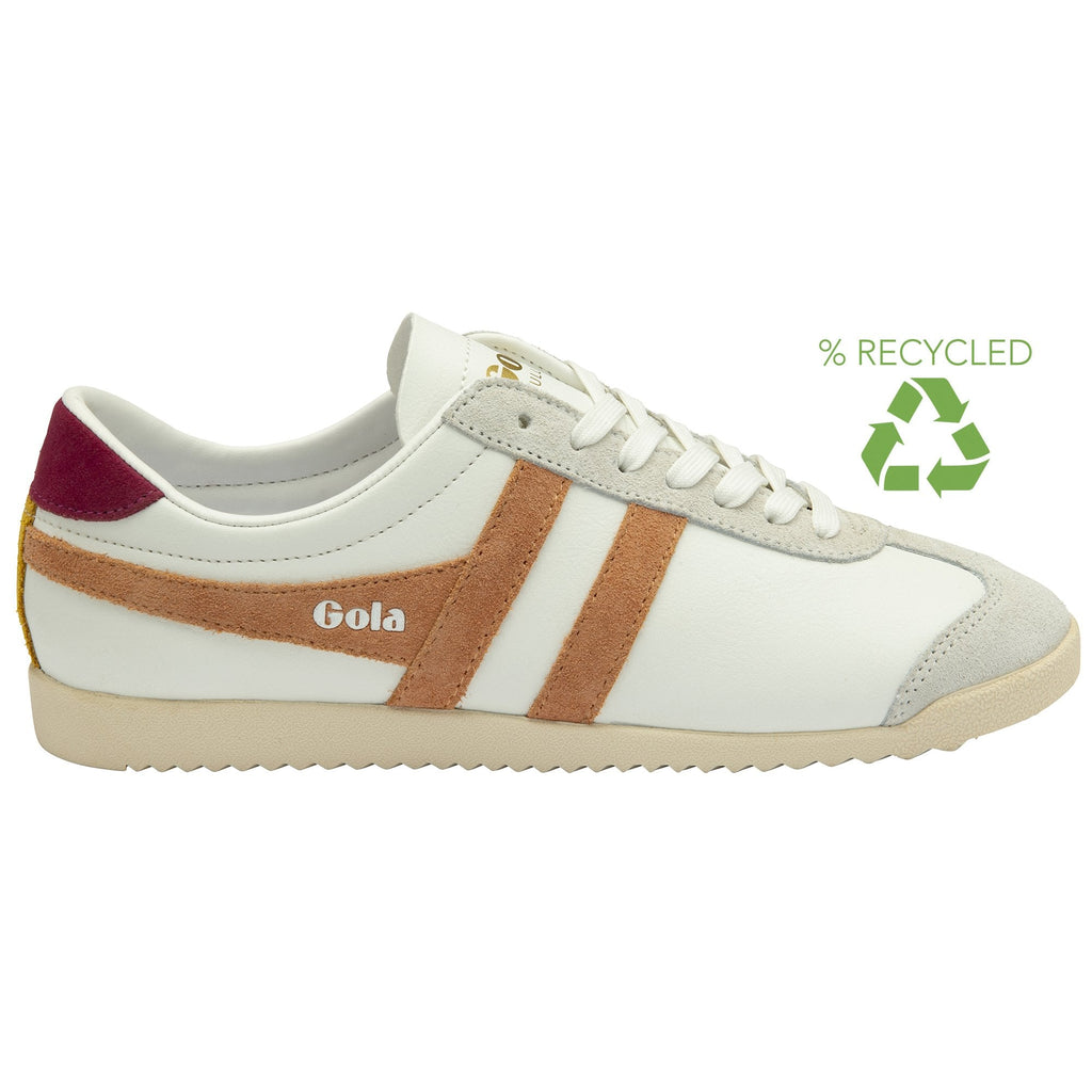 A recycled white Gola Bullet sneaker with tan stripes and a burgundy heel tab.