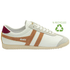 A recycled white Gola Bullet sneaker with tan stripes and a burgundy heel tab.
