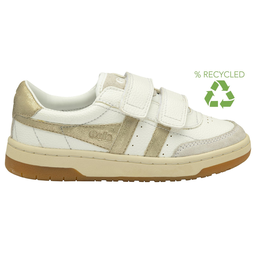 A white Gola children's trainer with gold stripes and a green recycled symbol. 