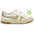 A white Gola children's trainer with gold stripes and a green recycled symbol. 