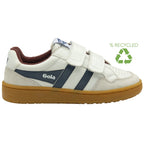A white Gola sneaker with blue stripes and a brown sole, featuring a recycled logo.