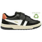 Side view of a black Gola trainer with white stripes, tan heel, and a recycled logo.